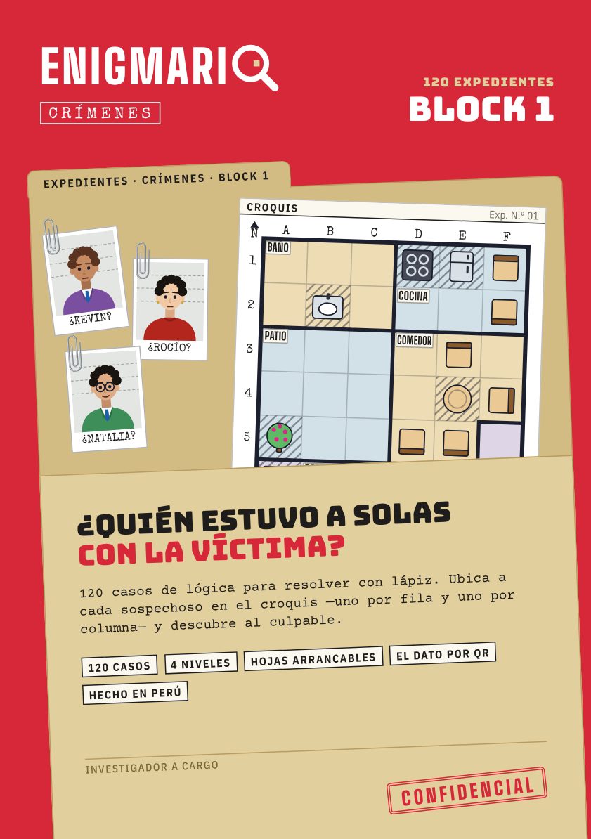 Tapa del Block 1: una carpeta de expedientes sobre fondo rojo, con el croquis del caso 1, tres fotos de sospechosos y el titular «¿Quién estuvo a solas con la víctima?»